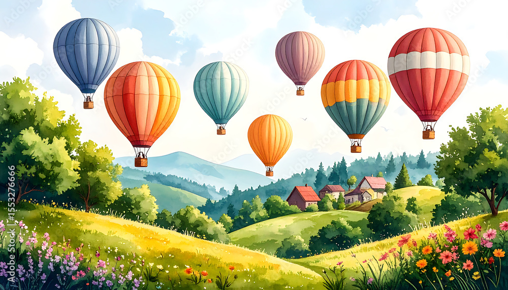 Obraz premium Colorful hot air balloons float above serene landscape, showcasing vibrant hues against backdrop of rolling hills and blooming flowers