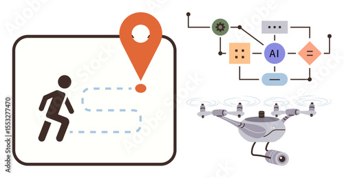 Person icon on a map with a route, geolocation pin, automated quality checks via AI process, and monitoring drone. Ideal for technology, surveillance, innovation, robotics, AI solutions navigation