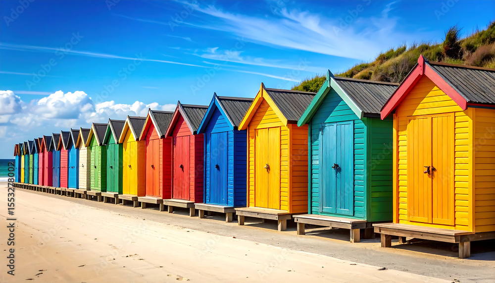 Naklejka premium Colorful beach huts line sandy shore under bright blue sky, creating vibrant and cheerful atmosphere