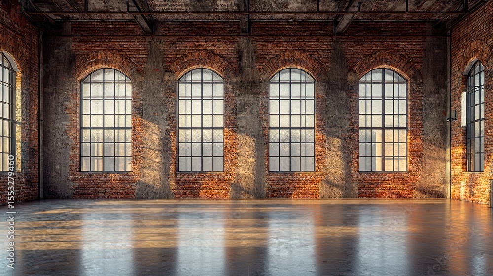 Fototapeta premium Industrial Loft Style Empty Warehouse Interior with Brick Walls, Modern Design, Urban Space, and Industrial Architecture