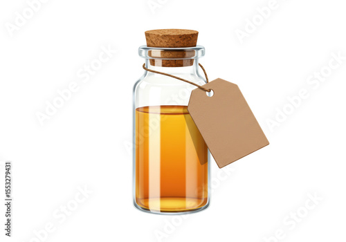 Isolated Small Glass Bottle with Golden Liquid and Blank Brown Label