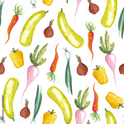 seamless pattern of watercolor vegetable elements on white background. Different vegetables hand painted illustration. Pepper, beet, carrot, onion and zucchini