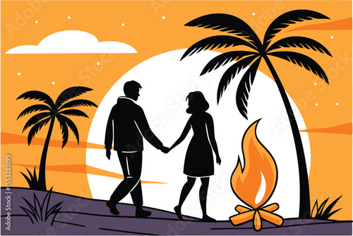 Romantic couple silhouetted by a warm bonfire on a serene beach at night