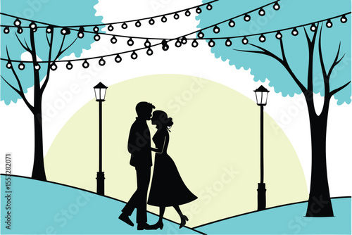 Romantic couple silhouette under glowing string lights on a magical evening