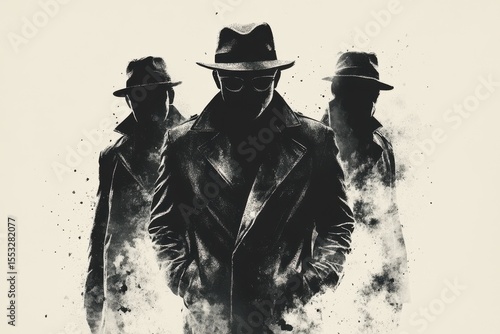Three men wearing black coats and hats stand in front of a white background. The theme of a spy or a detective or a bandit.