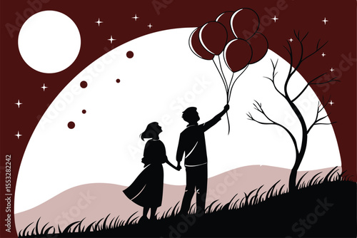Romantic couple silhouette holding balloons together in a dreamy scene