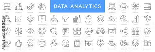 Data analytics line icons. Data, analysis, optimization, processing, mining, technology, monitoring icon set. Editable stroke. Vector