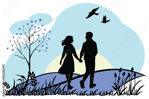 Romantic couple silhouette with love birds and heart elements