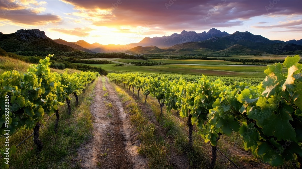 Fototapeta premium An enchanting vineyard landscape at sunset, featuring lush grapevines leading towards majestic mountains, conveying a sense of natural beauty and tranquility.