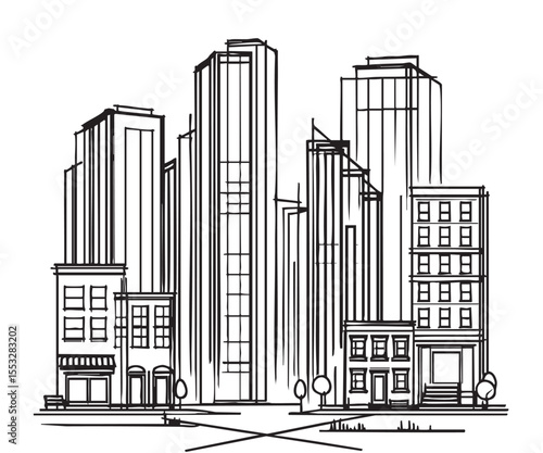 black and white city skyline sketch clip art preview