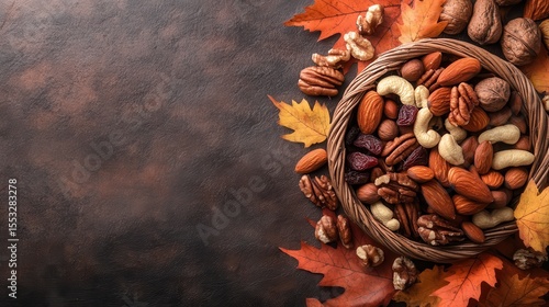 A beautiful arrangement of various nuts in a woven bowl, surrounded by colorful autumn leaves, perfect for representing the fall season and healthy snacking.