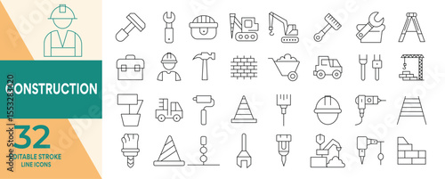 Construction line editable icon set. Editable stroke. includes helmet, hammer, wrench, crane, repair tools, builder, engineering and more.Vector illustration