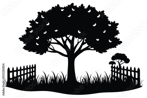 Black Silhouette of Tree with Fruits, Grass, Mushroom, and Fences in a Landscape