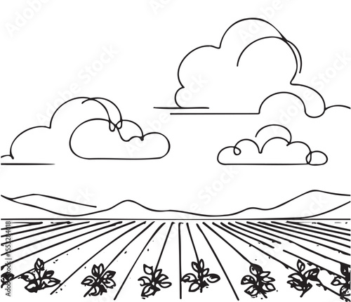 Farm field landscape sketch. Hand drawn silhouette