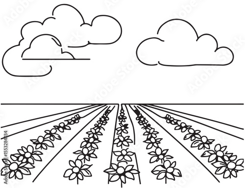Farm field landscape sketch. Hand drawn silhouette