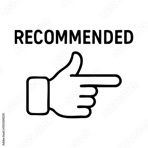 Recommended icon with pointing hand gesture for featured item or suggestion label
