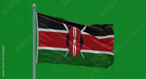 Kenya's vibrant flag billows proudly against a crisp green backdrop.