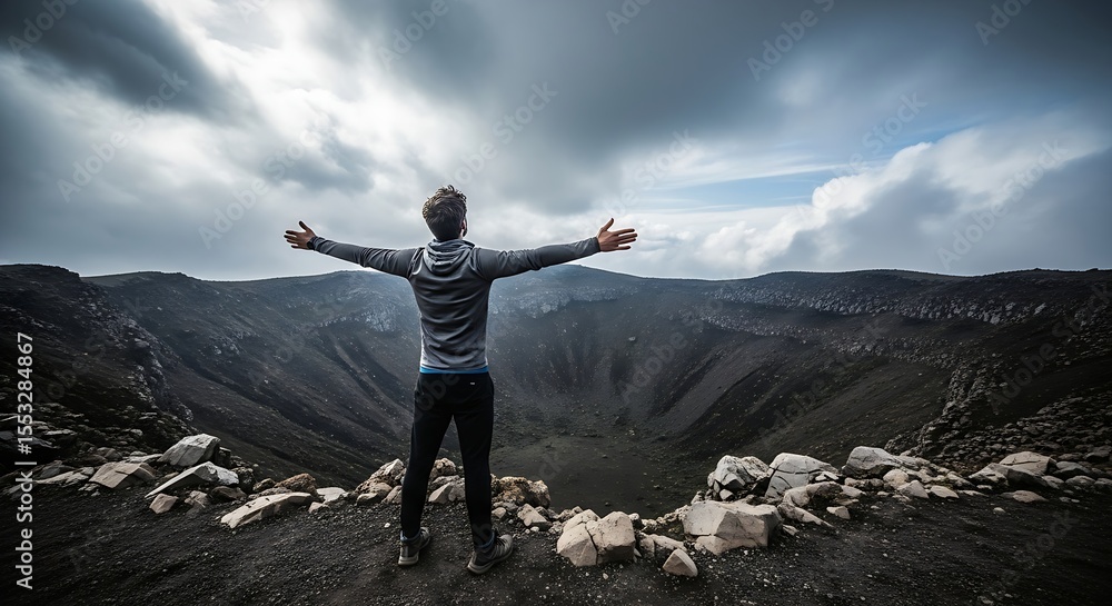 Obraz premium Man with arms outstretched embracing a vast volcanic crater under a dramatic stormy sky symbolizing freedom adventure and achievement