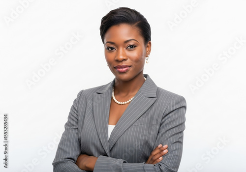 Confident businesswoman with arms crossed, wearing a grey pinstripe suit and pearl necklace against a white background.