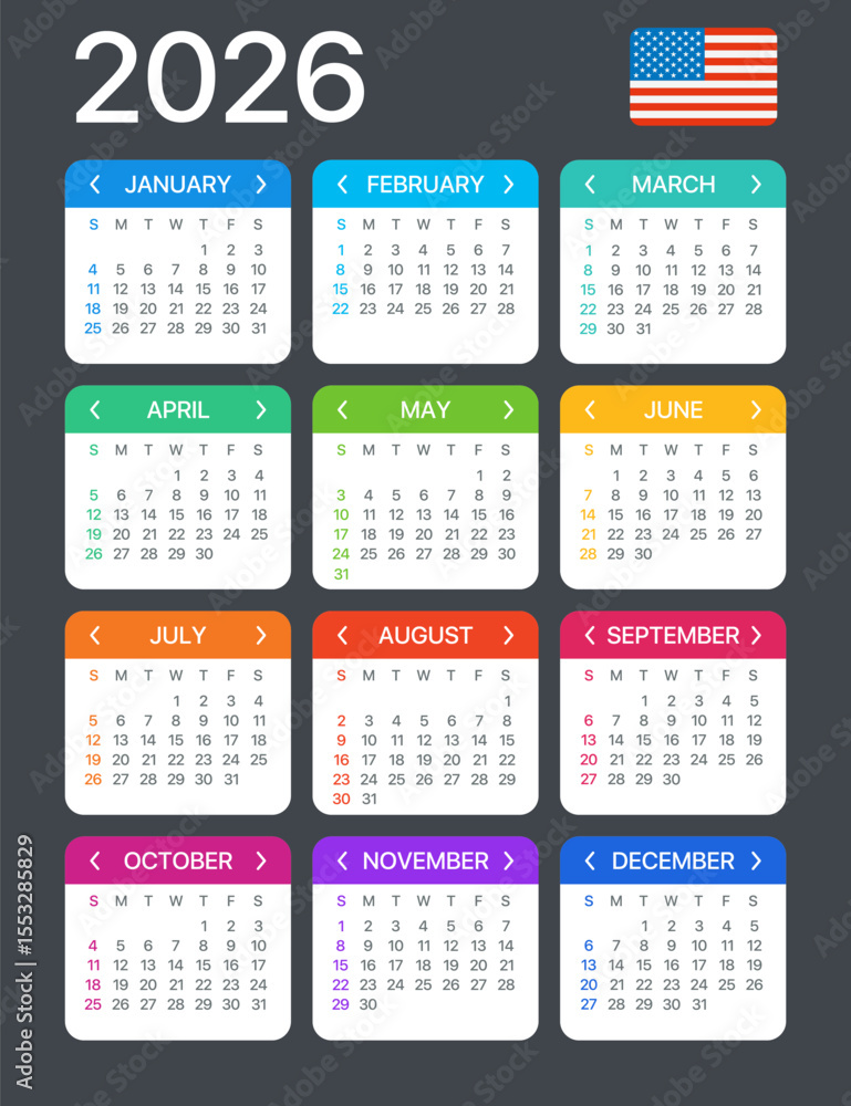 2026 Calendar - vector template graphic illustration - United States version 2026 Calendar - vector template graphic illustration - United States version