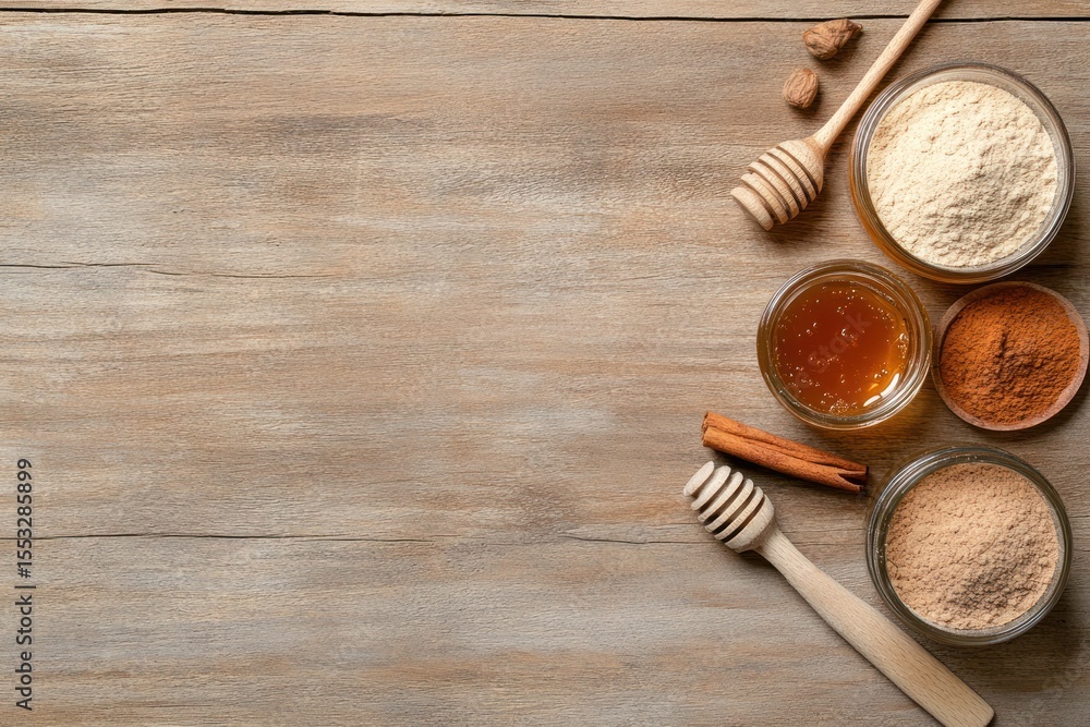 Kitchen Essentials on Rustic Wooden Counter: Spices, Honey, and Spoon Kitchen Essentials on Rustic Wooden Counter: Spices, Honey, and Spoon