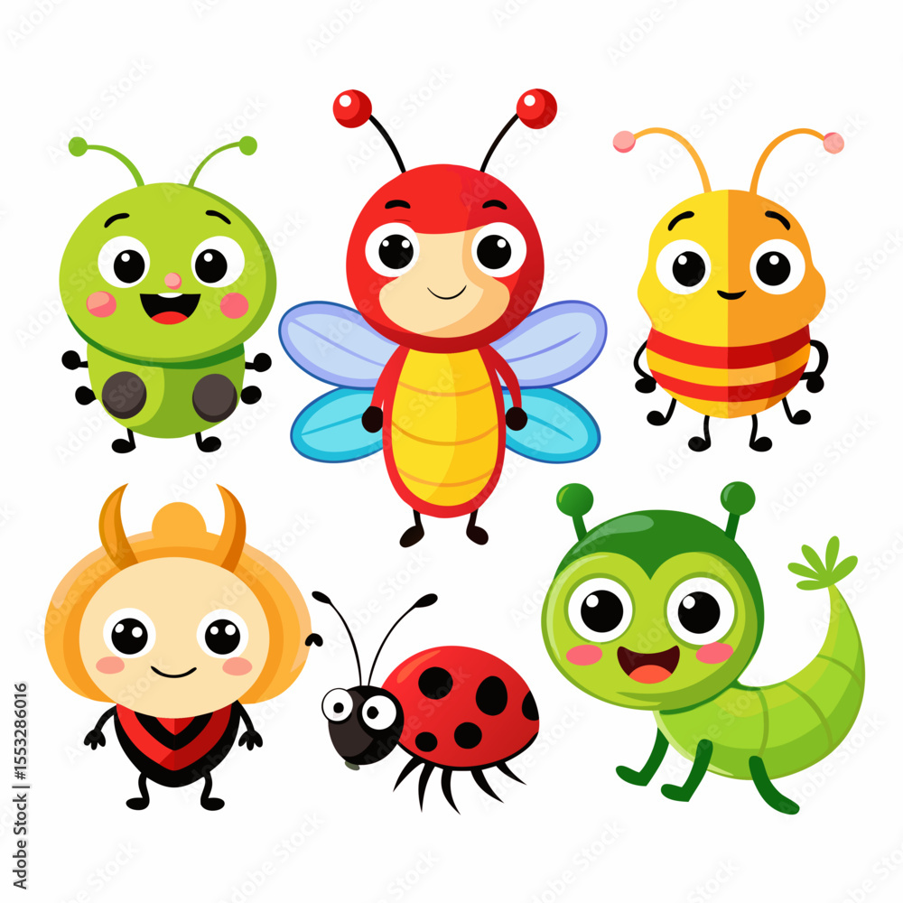 Fototapeta premium Collection of cute cartoon insects including a ladybug bee caterpillar and more