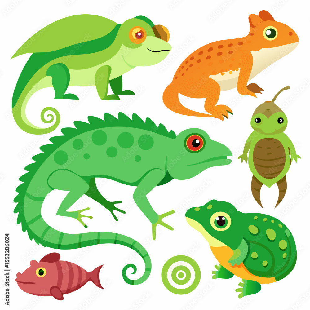 Naklejka premium Collection of cute cartoon reptiles and amphibians with a fish