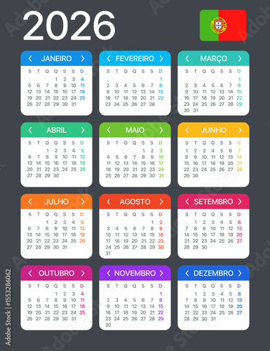 2026 Calendar - vector template graphic illustration - Portuguese version
