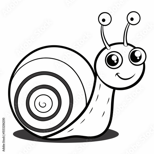 Cute cartoon snail with big eyes and a happy smile in black and white