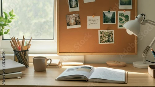 Wallpaper Mural Cozy workspace with open book, cork board, desk lamp, and green plant Torontodigital.ca