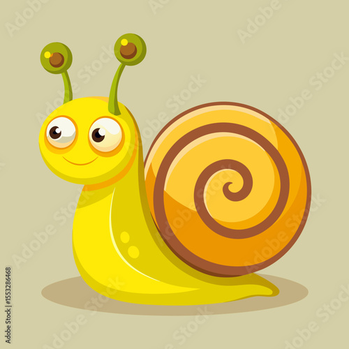 Cute cartoon yellow snail with big eyes and a swirly shell smiling