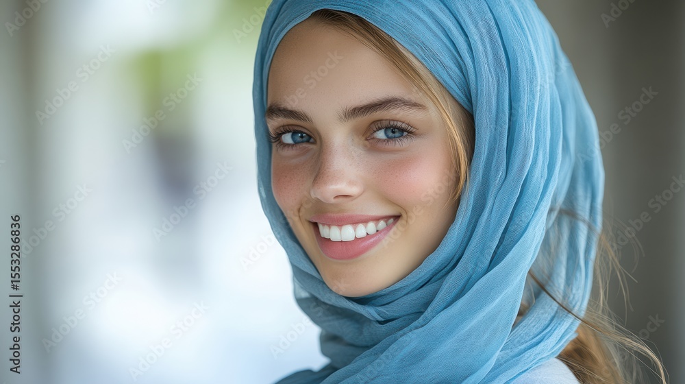 Charming woman with headscarf and blue eyes smiles brightly in soft light headshot Charming woman with headscarf and blue eyes smiles brightly in soft light headshot