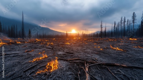 A dramatic landscape shows a scorched earth from a recent forest fire, with smoldering remains silhouetted against a vibrant sunset, capturing the impact of nature's fury and resilience.