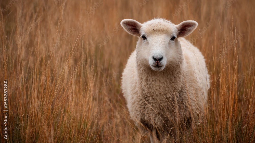 Fototapeta premium Close-up of a sheep in a golden grassy field during autumn