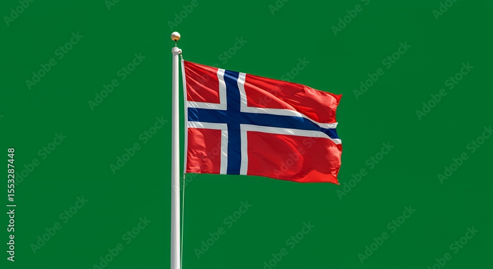 Naklejka premium Norway's Flag Waves Proudly Against a Vibrant Green Sky
