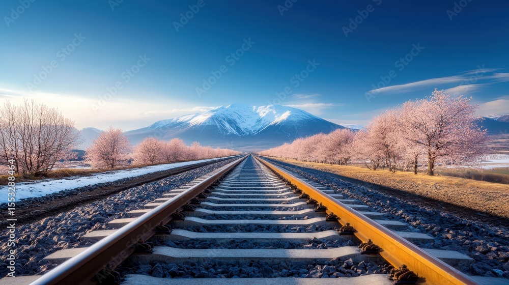 Obraz premium A stunning scene showing railway tracks stretching towards a majestic snow-covered mountain, flanked by blossoming trees that evoke a sense of adventure and nature's beauty.