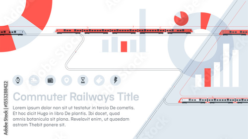 Cover template for a presentation on commuter rail services. Suburban passenger trains are shown, side view