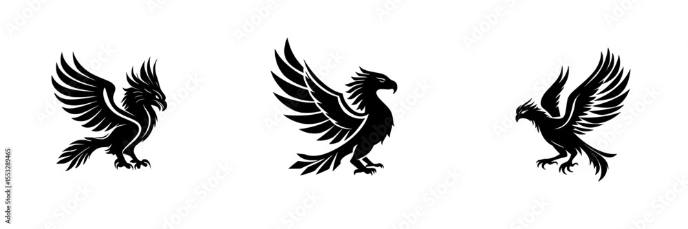 Obraz premium Black icon set featuring stylized black birds with detailed wings, designed for creative projects or graphic design needs