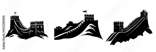 Set of black icons depicting a stylized representation of a great wall, showcasing architectural features and rugged terrain
