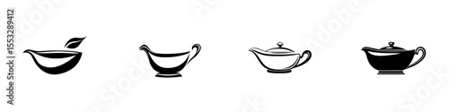 Set of four black icons depicting various styles of sauce or gravy boats with a focus on elegant design elements