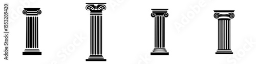 Set of black icons depicting classical columns representing different architectural styles