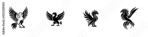 Set of black icons featuring stylized birds representing unique designs and artistic interpretations of mythical creatures