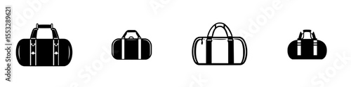 Set of black icons depicting various styles of gym bags for fitness enthusiasts and travelers