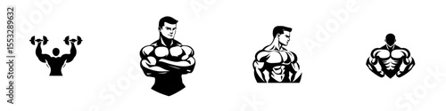 Black icons representing bodybuilding and fitness with various muscular figures demonstrating strength and physique