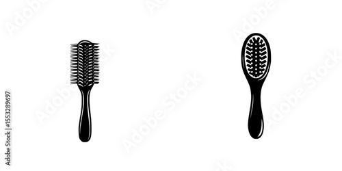 Black hairbrush and comb icons isolated on a white background for beauty and grooming purposes