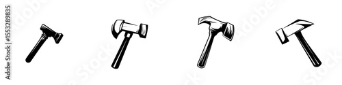 Black icon set featuring various types of hammers and axes designed for construction and carpentry use