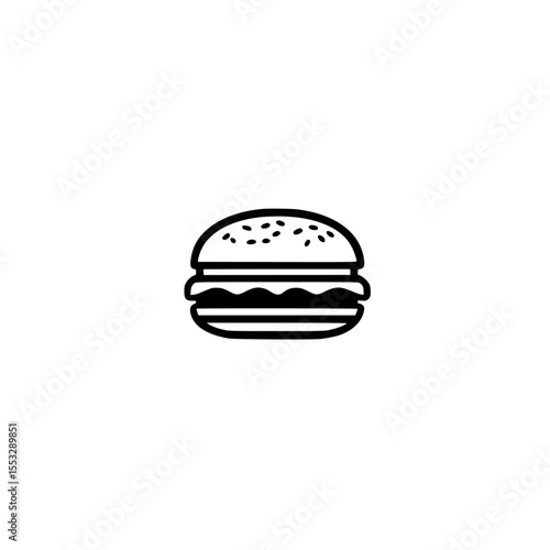 Black icon of a simple hamburger design showing a bun, patty, and toppings for use in food-related graphics or applications