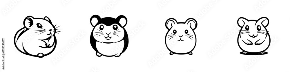 Naklejka premium Four cute black icons of cartoon hamsters in varying poses and styles showcasing playful and adorable features