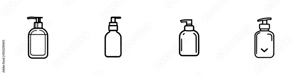 Set of black icons featuring various bottle designs with pump dispensers for cosmetic or personal care products Set of black icons featuring various bottle designs with pump dispensers for cosmetic or personal care products