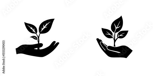 Black icons of hands holding young plants symbolizing growth and sustainability in nature conservation efforts